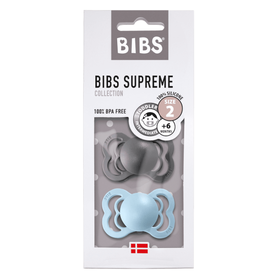 2 бр. Биберони BIBS Supreme, Каучук, Iron/Baby Blue, 6-18 месеца	