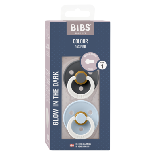 2 бр. Биберони BIBS COLOUR  Iron GLOW/Baby Blue GLOW, 6-18 месеца