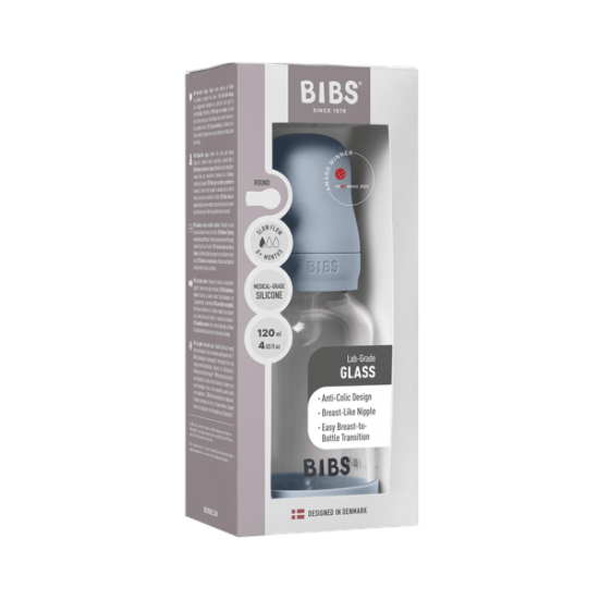 Бебешка Стъклена Бутилка BIBS Baby Blue 120мл Силикон Бавен Поток