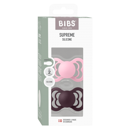 2 бр. Биберони BIBS Supreme, Силикон, Baby Pink/Plum, 6-18 месеца