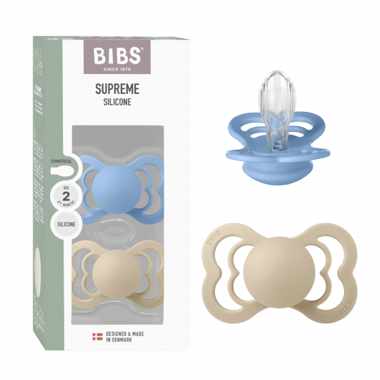 2 бр. Биберони BIBS Supreme, Силикон, Vanilla/Sky Blue, 6-18 месеца